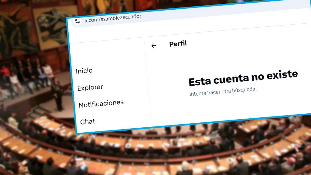 Fachada de la Asamblea Nacional de Ecuador y pantalla con error en cuenta oficial X