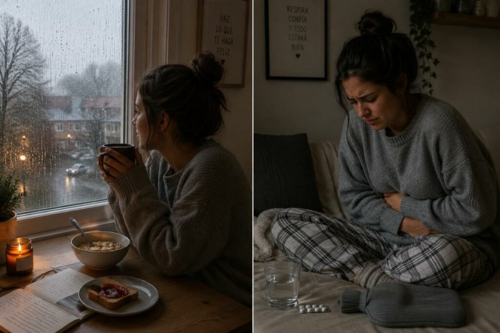 Desayunos variados en una mesa, con avena, huevos y frutas, en un día lluvioso, mostrando opciones saludables para mantener la energía
