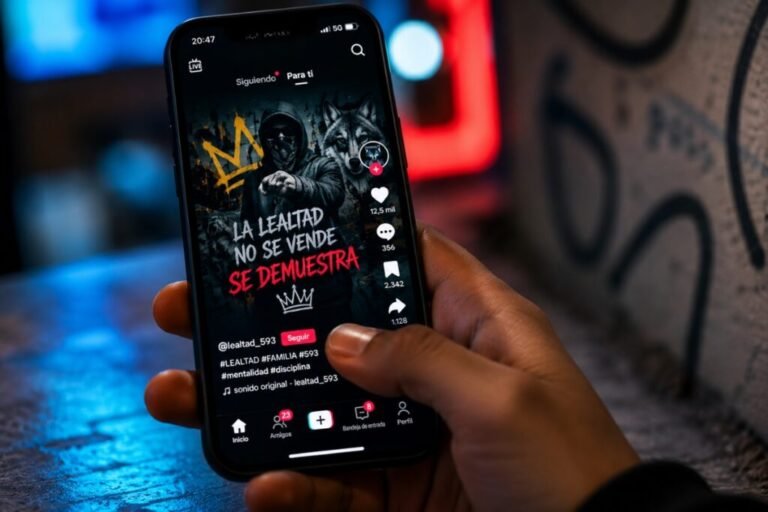 Adolescente utilizando redes sociales en un teléfono móvil mientras expertos alertan sobre el reclutamiento digital de menores en Ecuador.