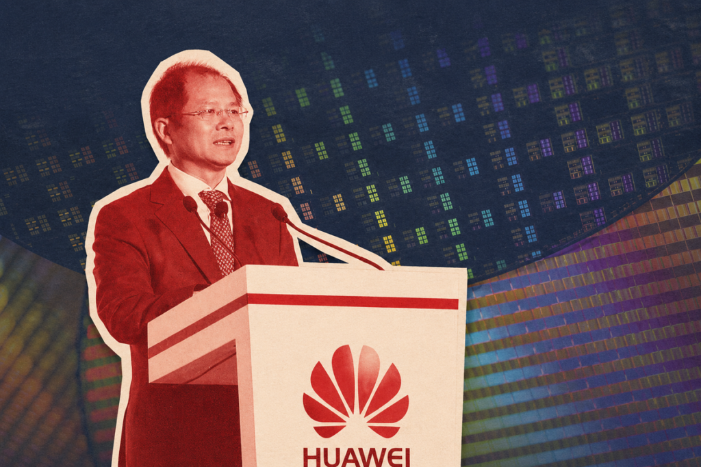 Primer plano de una oblea de silicio procesada con la nueva tecnología de chips de Huawei bajo la Ley de Escalado Tau.