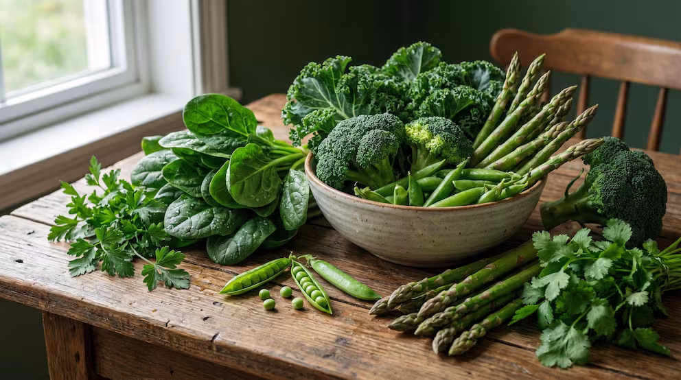 Verduras de hoja verde frescas como espinaca, col rizada y brócoli, fuente natural de vitamina K1 para la salud pulmonar