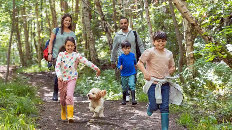 Personas caminando tranquilas entre árboles y vegetación, disfrutando de 20 minutos en contacto con la naturaleza