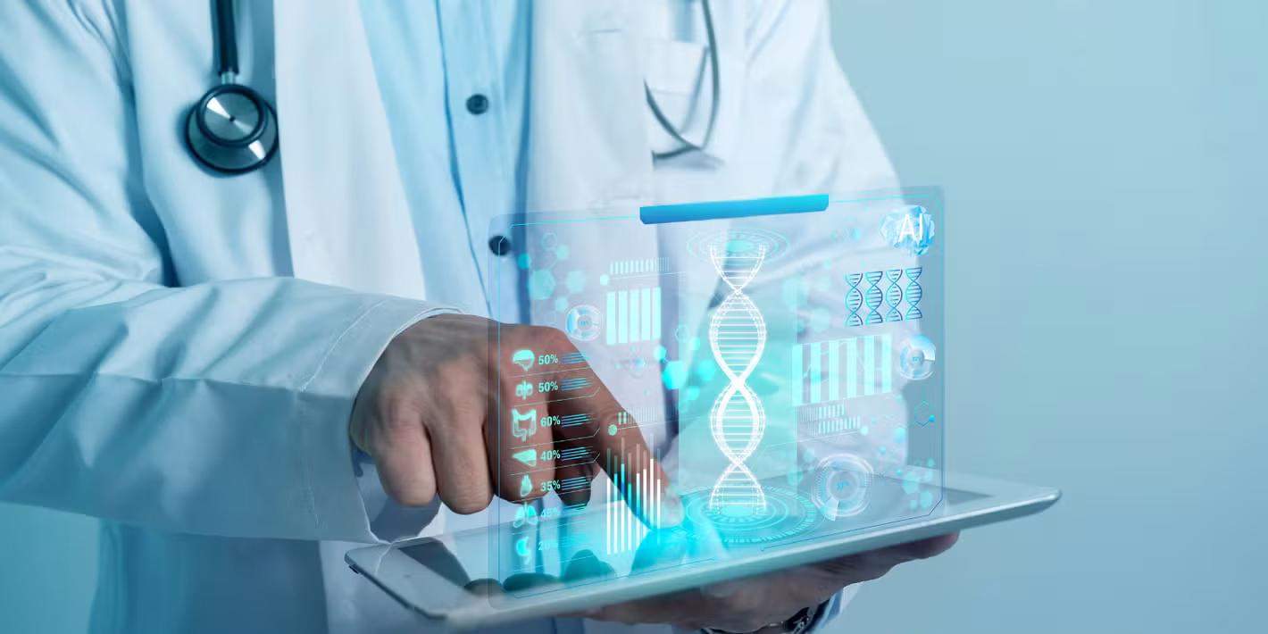 Representación gráfica de la medicina de precisión con datos genómicos, clínicos y símbolos de salud global de la OMS