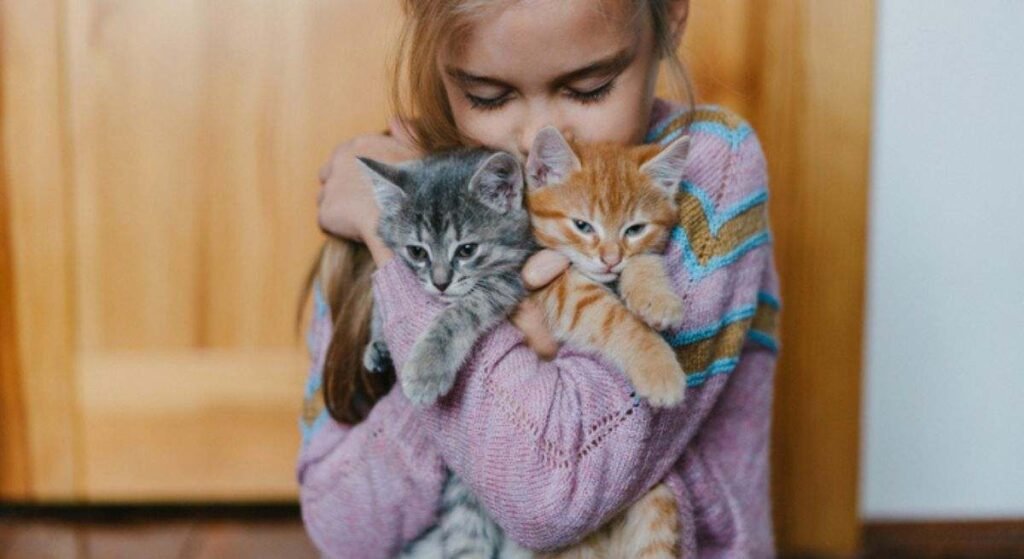 Ilustración de un niño abrazando a un gato, con gráficos que muestran datos de un estudio sobre asma infantil y convivencia con mascotas