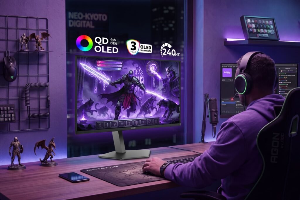 Vista frontal de un monitor gaming curvo con acabado mate desplegando un videojuego de alta fidelidad gráfica, representando el nuevo monitor AGON Pro.