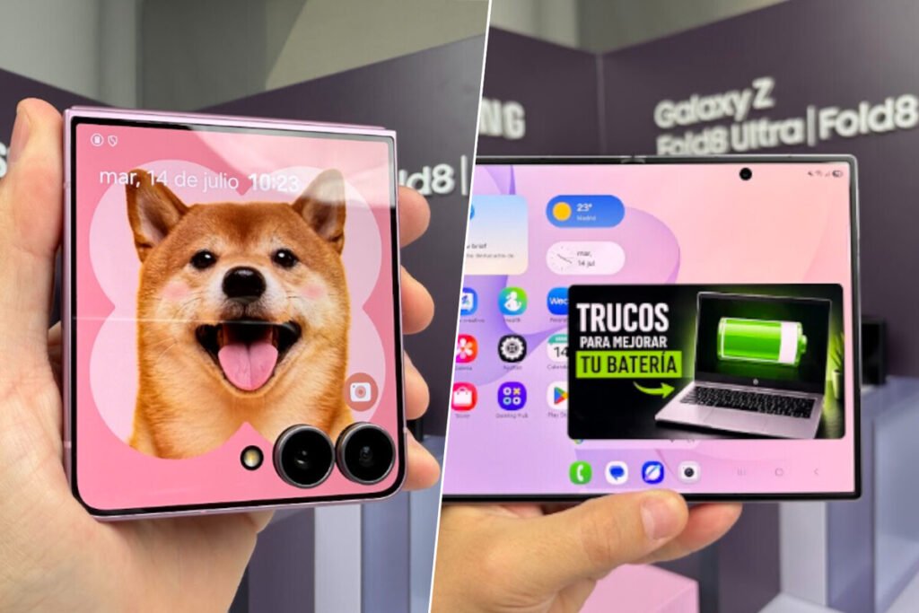 Comparativa visual de los terminales Samsung Galaxy Z Flip8 y Samsung Galaxy Z Fold8 desplegados sobre un fondo neutro.