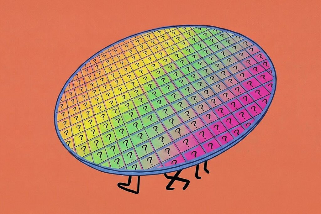 Una oblea de silicio grabada con fotolitografía avanzada dentro de un laboratorio automatizado de semiconductores, representando el desarrollo de hardware personalizado.