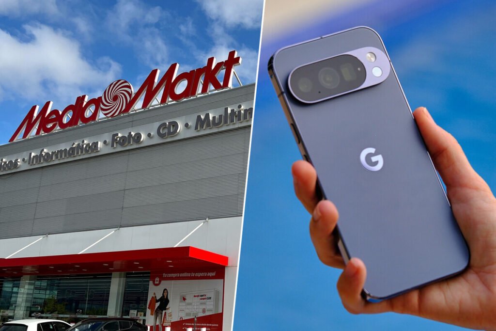 Teléfonos inteligentes de Google en color piedra lunar exhibidos junto a etiquetas de descuento en el outlet de MediaMarkt.