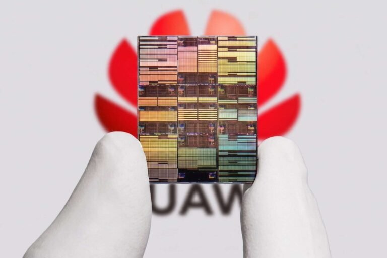 Diagrama tridimensional de un chip semiconductor avanzado mostrando la distribución de transistores y rutas lógicas de La Ley Tau de Huawei.