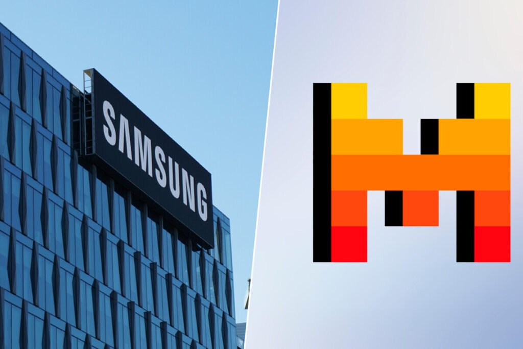 Representación gráfica de la inversión de Samsung en Mistral con los logotipos de ambas empresas sobre un circuito de IA.
