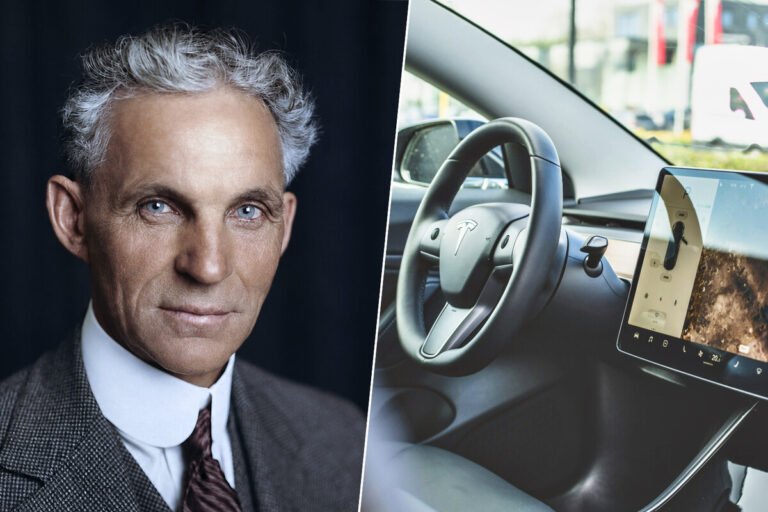 Línea de fabricación de coches eléctricos en Ford mostrando la integración de subconjuntos mecánicos en la planta.