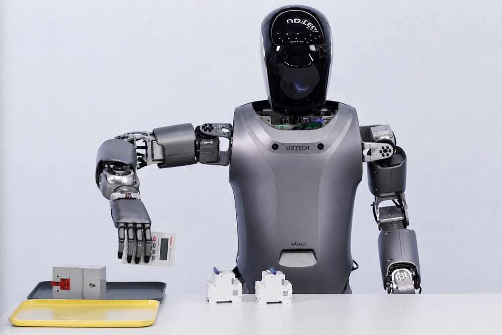 Modelo de robots humanoides chinos junto al logotipo de la FCC estadounidense.