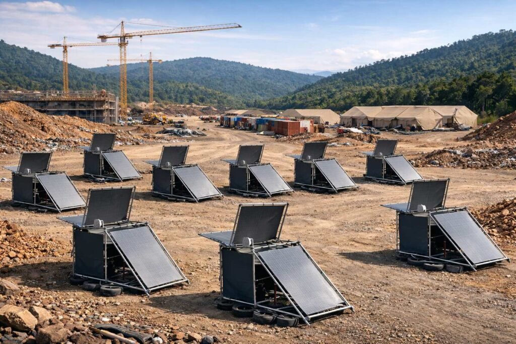 Estructura ligera de tubos de aluminio y lonas plásticas instalada en el suelo, representando el aerogenerador Wind to Watt.