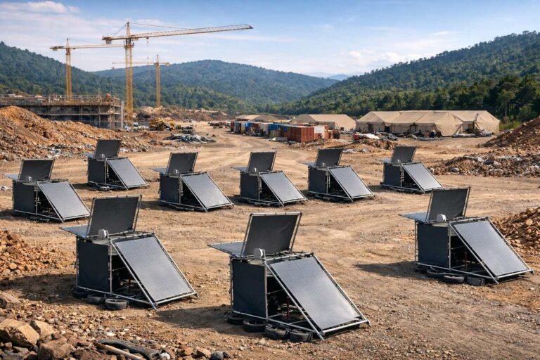 Estructura ligera de tubos de aluminio y lonas plásticas instalada en el suelo, representando el aerogenerador Wind to Watt.