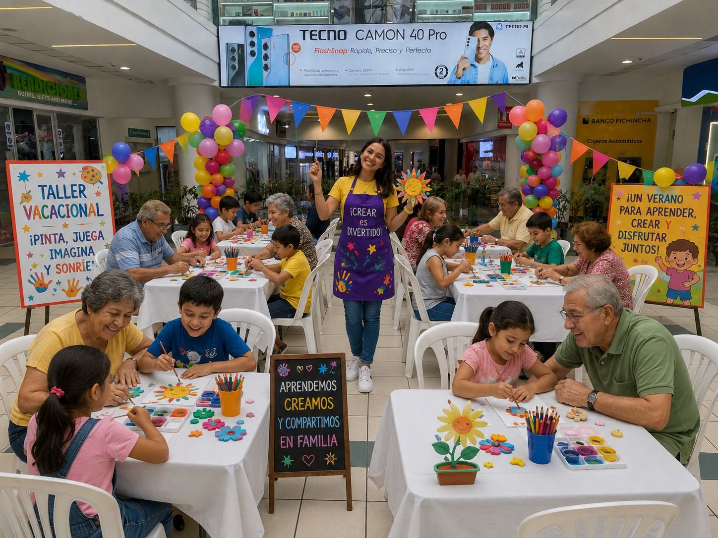Abuelos y nietos participando felices en los talleres interactivos de los Vacacionales Recreito en Quito.