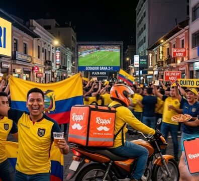 Motorizados de delivery esperando pedidos fuera de un restaurante de Quito durante un partido de la selección ecuatoriana