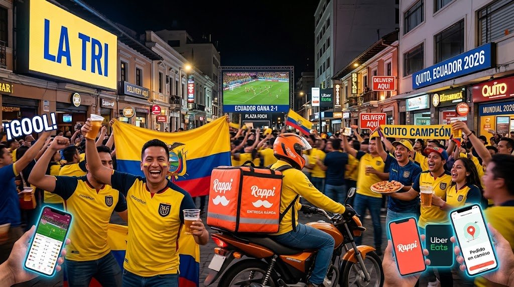 Motorizados de delivery esperando pedidos fuera de un restaurante de Quito durante un partido de la selección ecuatoriana
