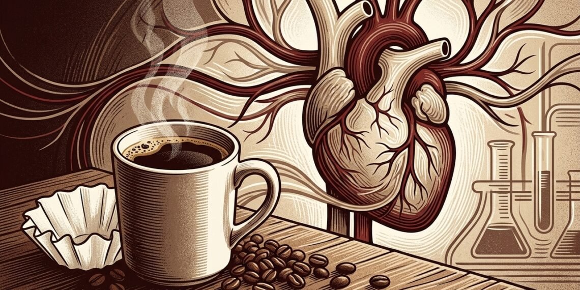 Taza de café recién preparada junto a granos y un corazón estilizado, ilustrando la relación entre café y salud del corazón