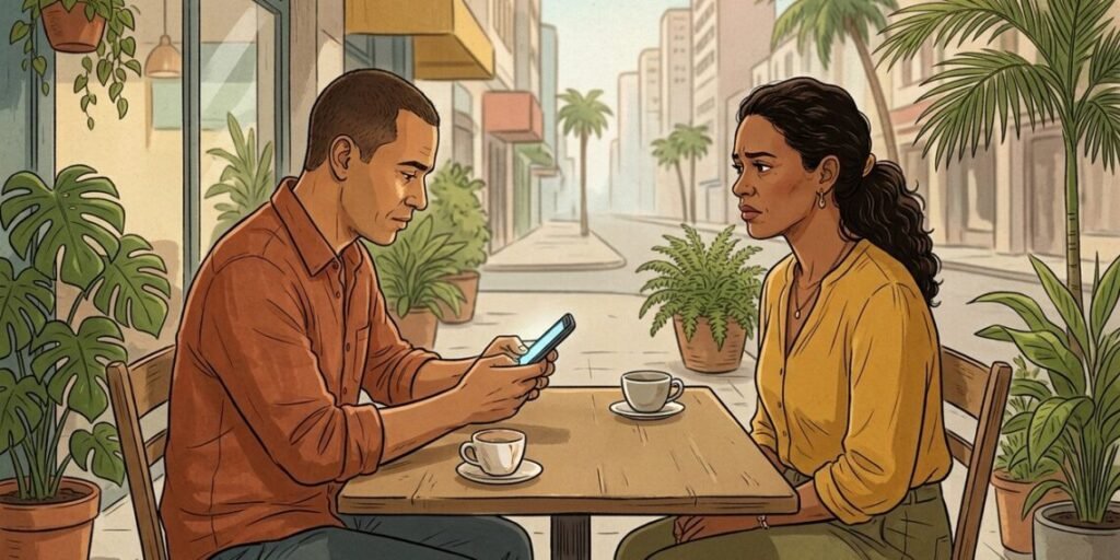 Persona mirando el teléfono móvil mientras otra le habla, representando el fenómeno del phubbing y su impacto en la salud mental.