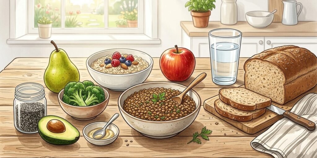 Alimentos ricos en fibra: frutas, verduras, legumbres y cereales integrales sobre una mesa