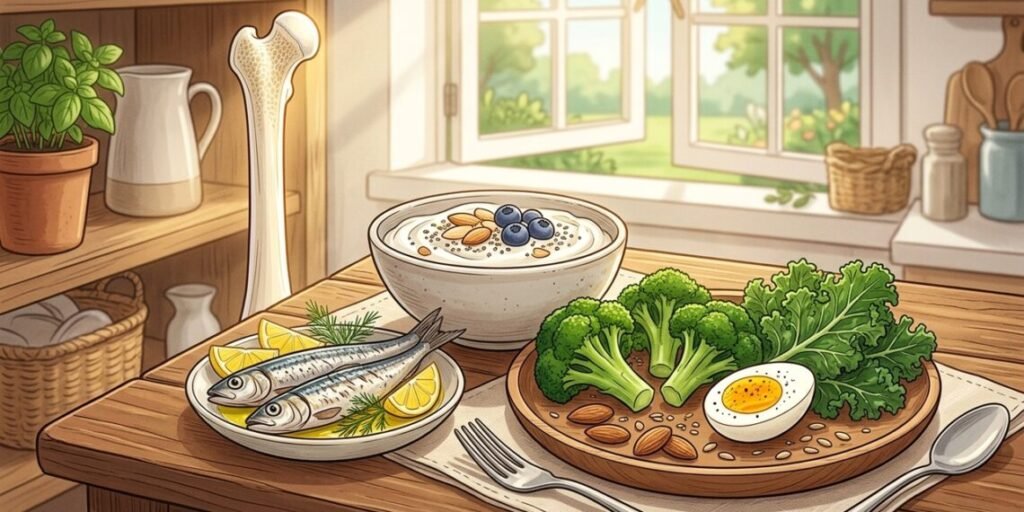 Ilustración de alimentos ricos en calcio y vitamina D junto a un hueso sano