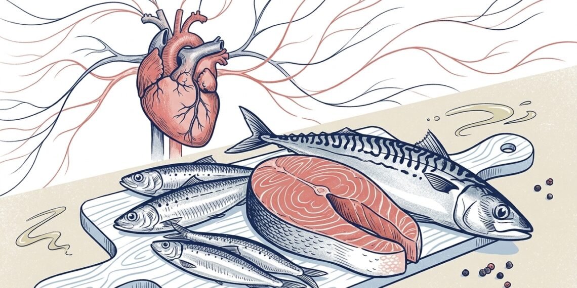 Plato saludable con sardinas, salmón y verduras, ilustra los beneficios del consumo de pescado para el corazón