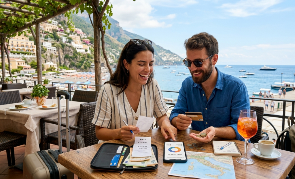 Familia planifica unas vacaciones sin deudas mediante ahorro, presupuesto y organización financiera.