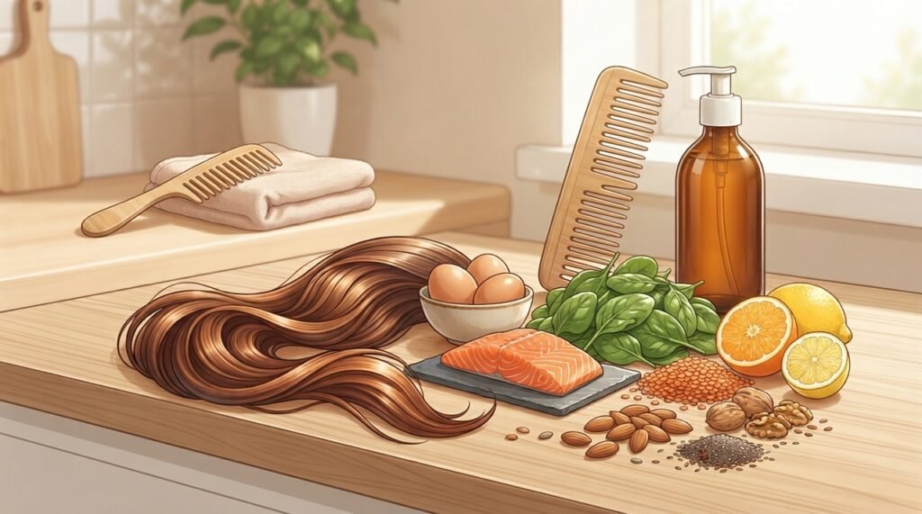 Ilustración de alimentos saludables y cuidados suaves para favorecer la salud del cabello de forma natural