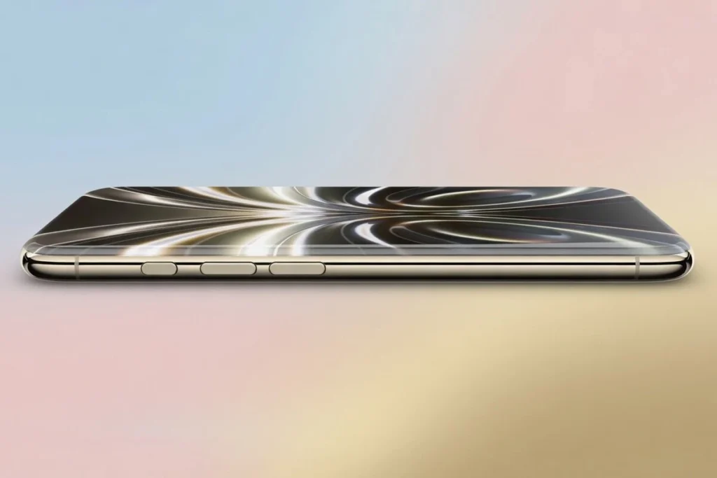 Render conceptual de un teléfono inteligente premium con un rediseño completo de cristal traslúcido y bordes curvos continuos.