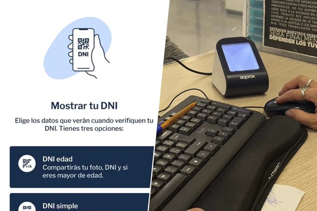 Un ciudadano utilizando el nuevo DNI digital en su smartphone para escanear un código QR de atención ciudadana en una oficina.