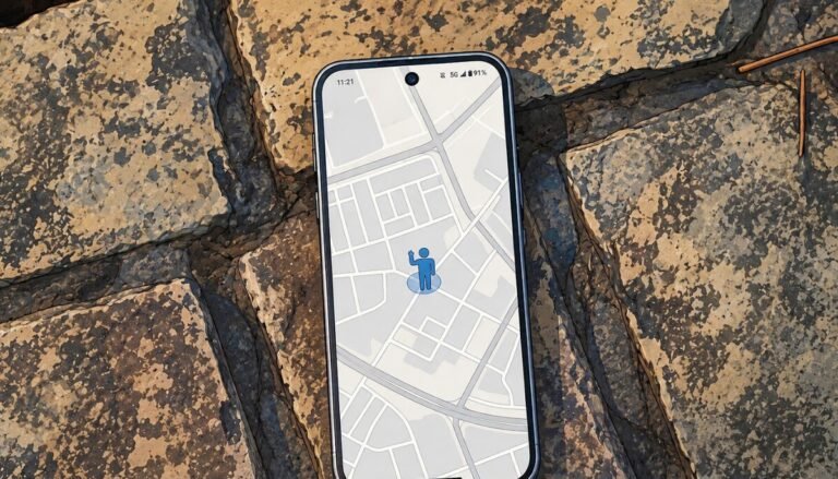 Pantalla de un smartphone mostrando un mapa digital interactivo de geolocalización urbana para saber la ubicación de alguien con su número de teléfono.