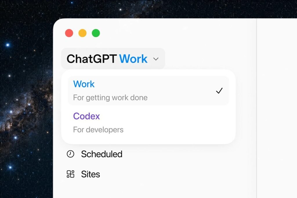 Interfaz digital de la nueva aplicación de escritorio mostrando las pestañas integradas de Chat, Work y Codex, ilustrando la reorganización de productos de OpenAI.