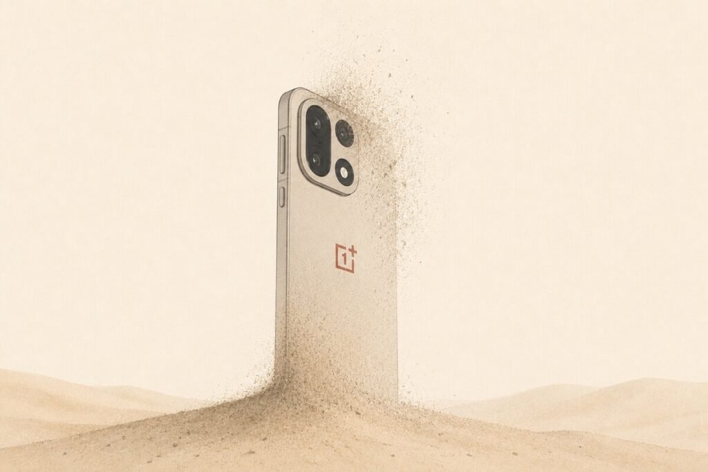 Teléfono inteligente con la insignia de la marca sobre una mesa de madera junto a un mapa de Europa, ilustrando la salida de OnePlus.