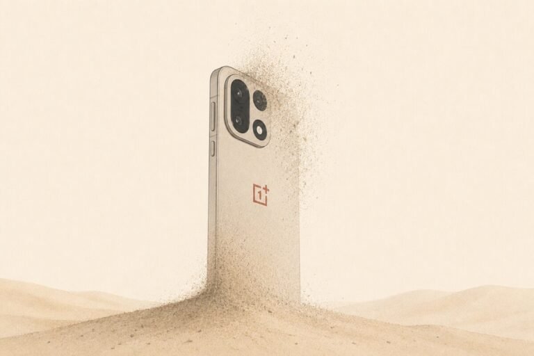 Teléfono inteligente con la insignia de la marca sobre una mesa de madera junto a un mapa de Europa, ilustrando la salida de OnePlus.