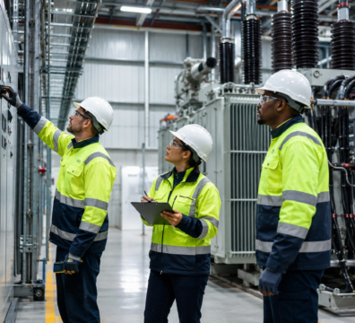 Ingeniero inspeccionando la infraestructura eléctrica del país en una planta industrial.
