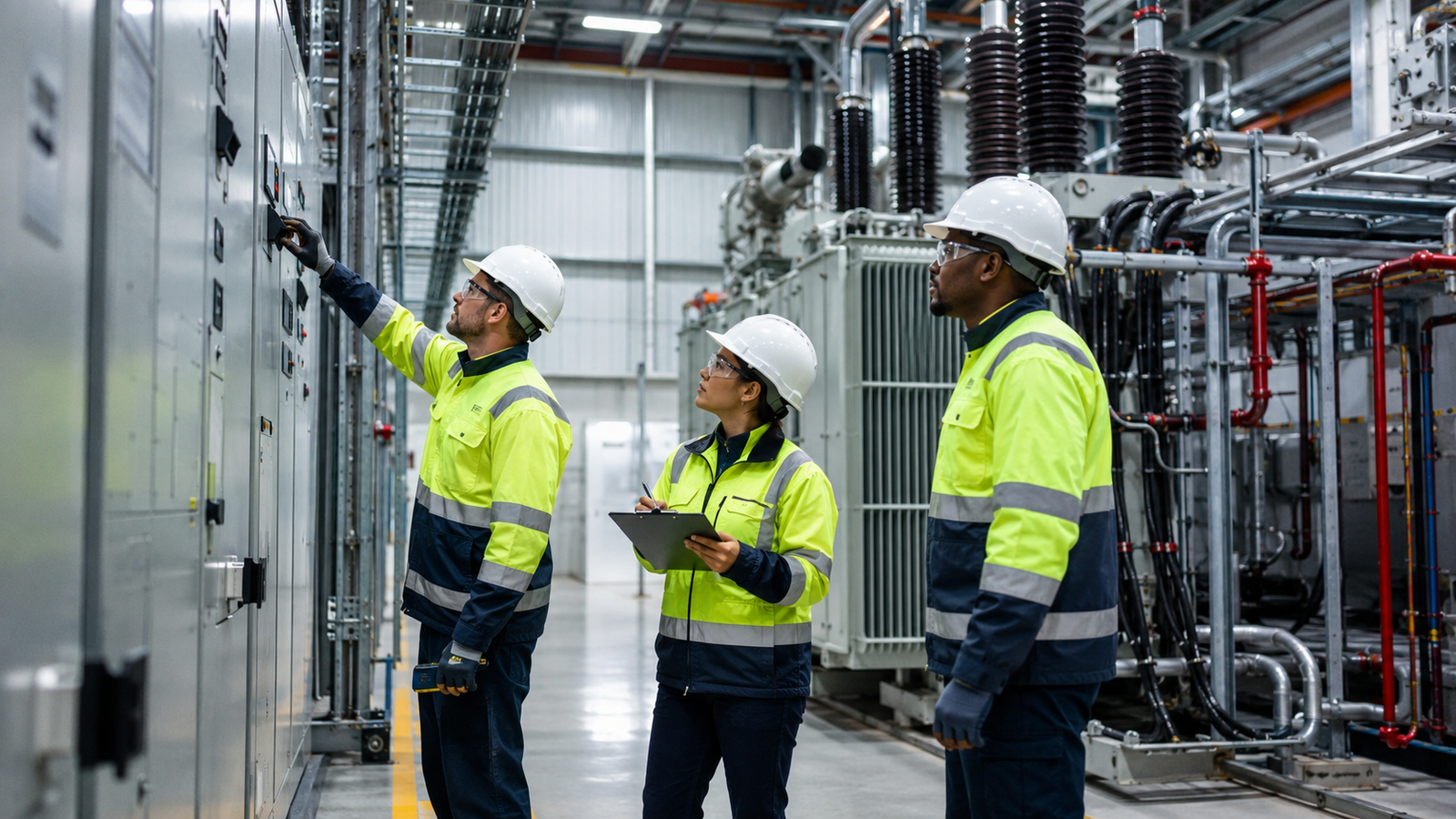 Ingeniero inspeccionando la infraestructura eléctrica del país en una planta industrial.