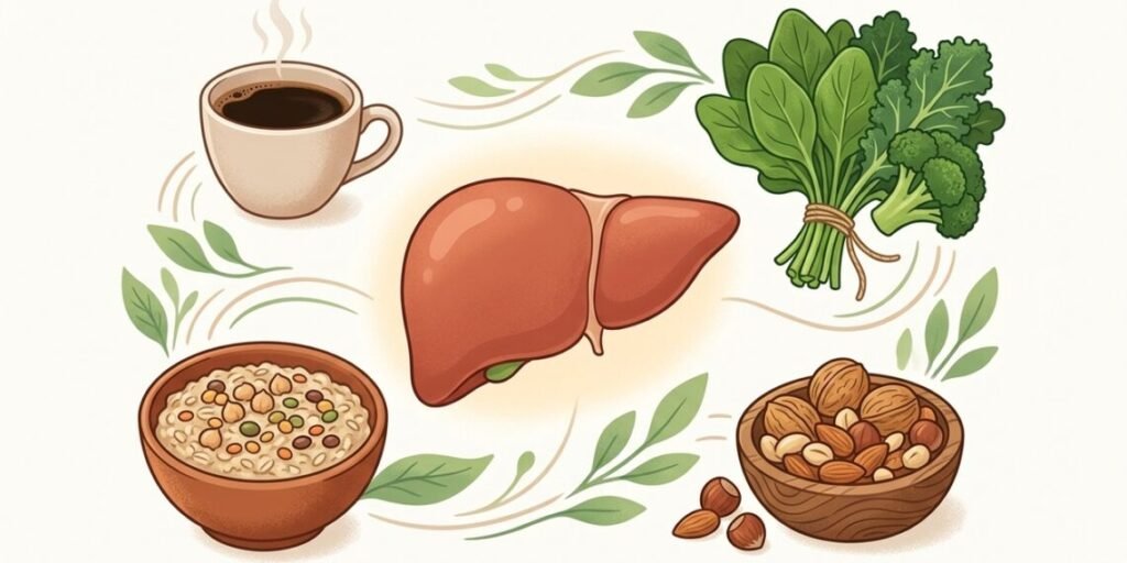 Plato con alimentos saludables para el hígado: verduras de hoja verde, brócoli, legumbres, frutos secos y una taza de café.