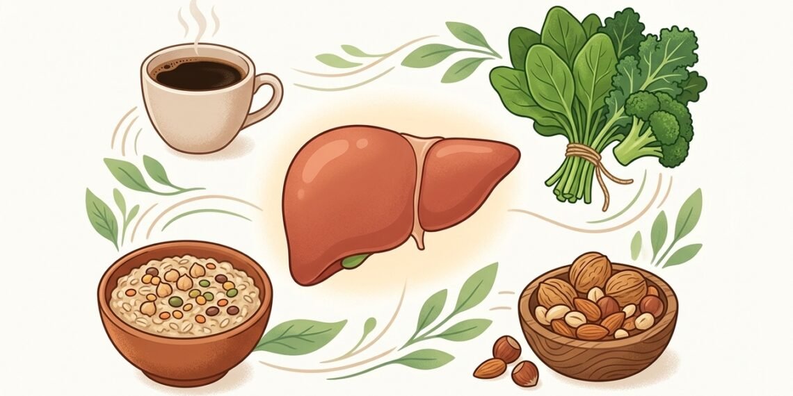 Plato con alimentos saludables para el hígado: verduras de hoja verde, brócoli, legumbres, frutos secos y una taza de café.