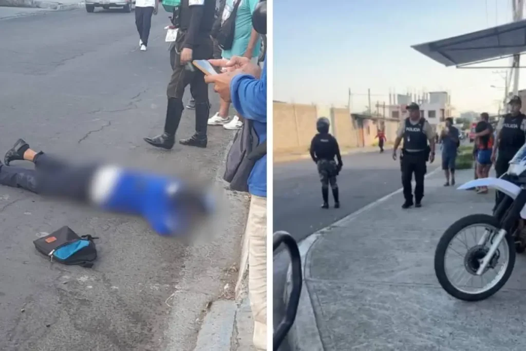 Agentes de la Policía Nacional resguardan la escena donde un adolescente fue asesinado en Manta mientras se dirigía a su colegio.