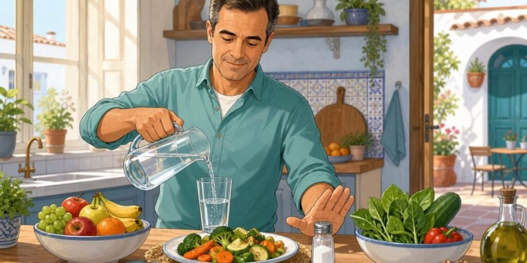 Persona cuidando su salud de los riñones con hábitos saludables como hidratación y ejercicio suave