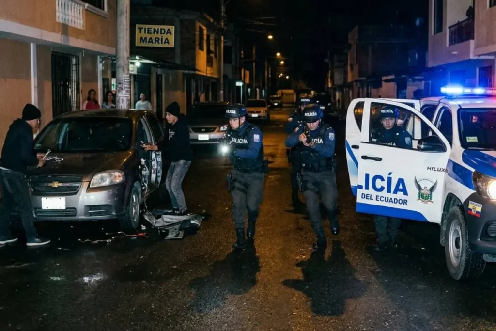 Policías inspeccionan el parqueadero donde ocurrió la balacera en Iñaquito tras un intento de robo de un vehículo.