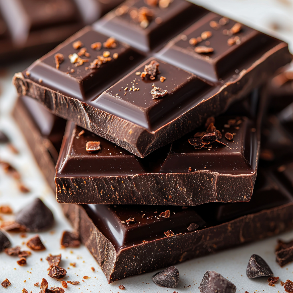 : Chocolate amargo con alto contenido de cacao, acompañado de granos y polvo de cacao natural