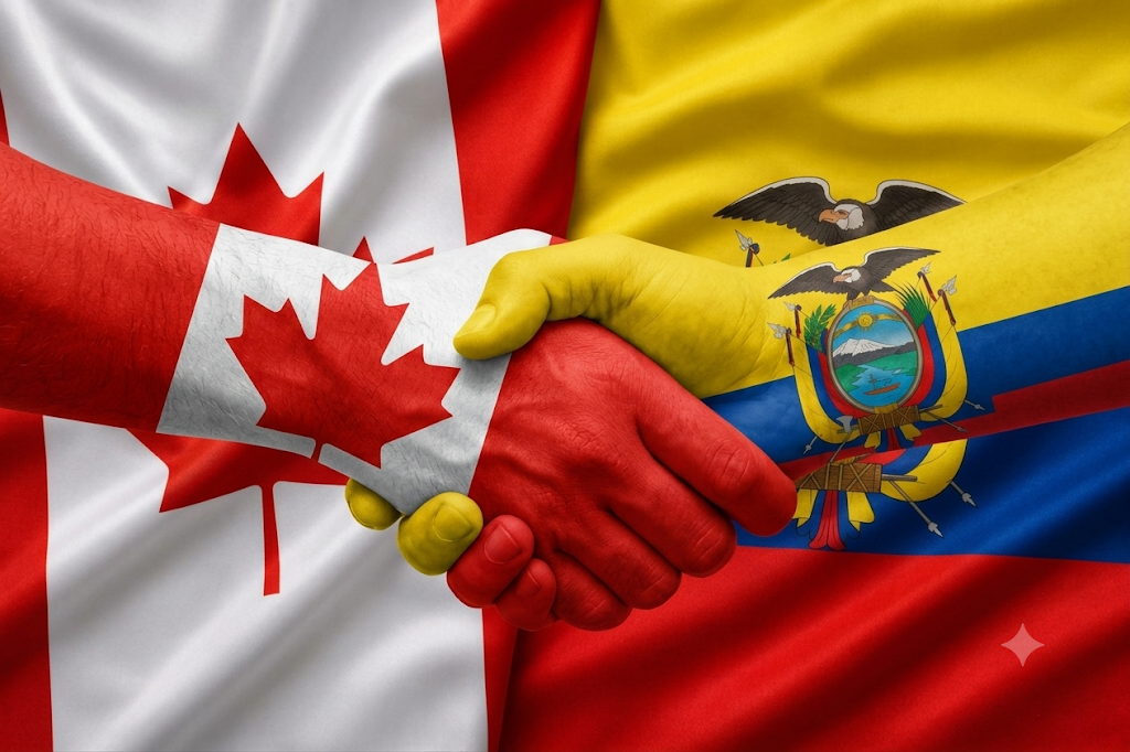 Banderas de Ecuador y Canadá junto a documentos comerciales representando la firma del tratado de libre comercio bilateral