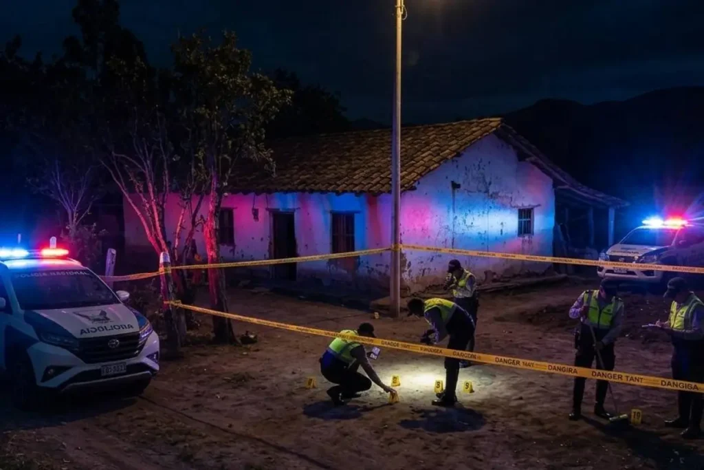 Personal de la Policía Nacional realiza pericias en la finca donde fueron hallados siete cuerpos calcinados en Cañar.