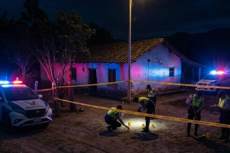 Personal de la Policía Nacional realiza pericias en la finca donde fueron hallados siete cuerpos calcinados en Cañar.