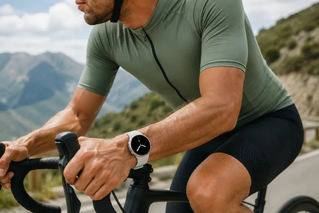 Ciclista utilizando el Samsung Galaxy Watch 8 integrado con inteligencia artificial para monitorear su rendimiento y salud durante el entrenamiento