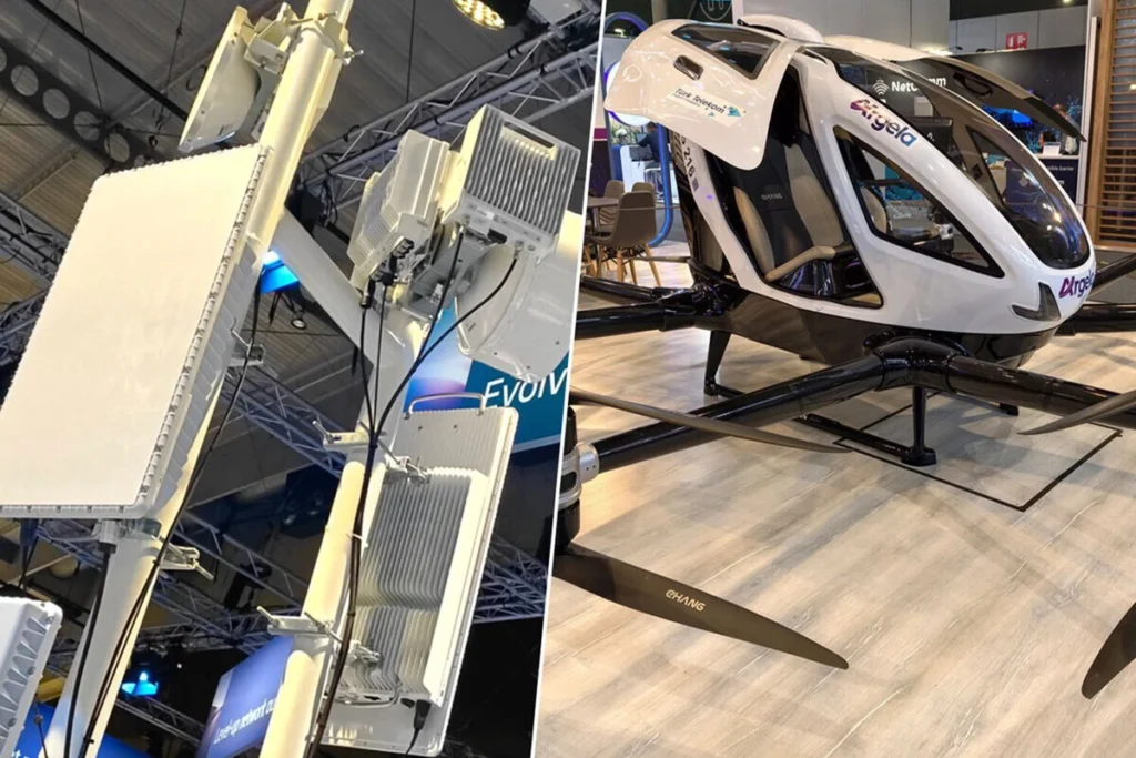 Antena de telecomunicaciones operando redes 5G para drones y monitoreo del espacio aéreo urbano.