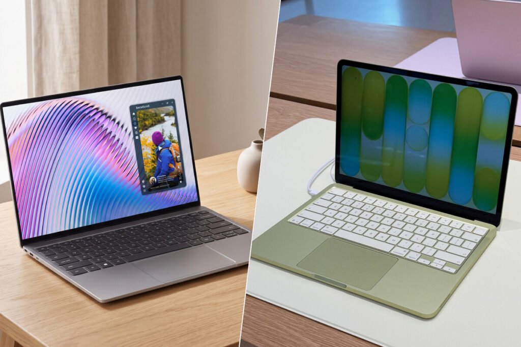 Portátiles Dell XPS 13 y MacBook en un escritorio para ilustrar la comparativa de rendimiento por vatio de Intel frente a Apple Silicon.