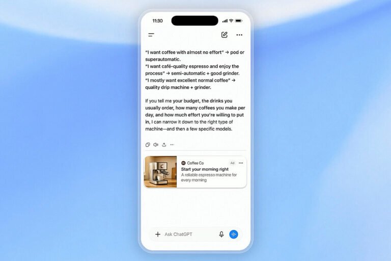 Interfaz web con anuncios en ChatGPT España mostrados tras las respuestas del asistente.