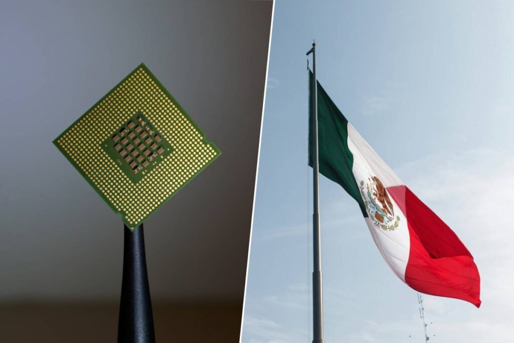 Línea de ensamblaje de circuitos y componentes electrónicos representando a México como exportador de componentes de IA en la industria global.